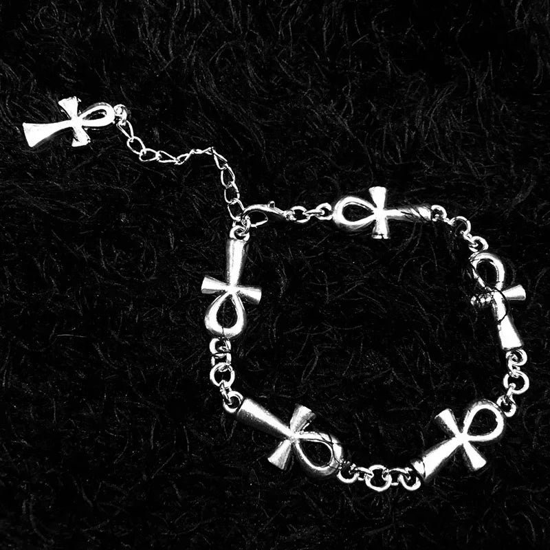 Bracelet En Argent Massif Ancien - Croix Ankh égyptienne, Ouverture Jonc, Argent 900