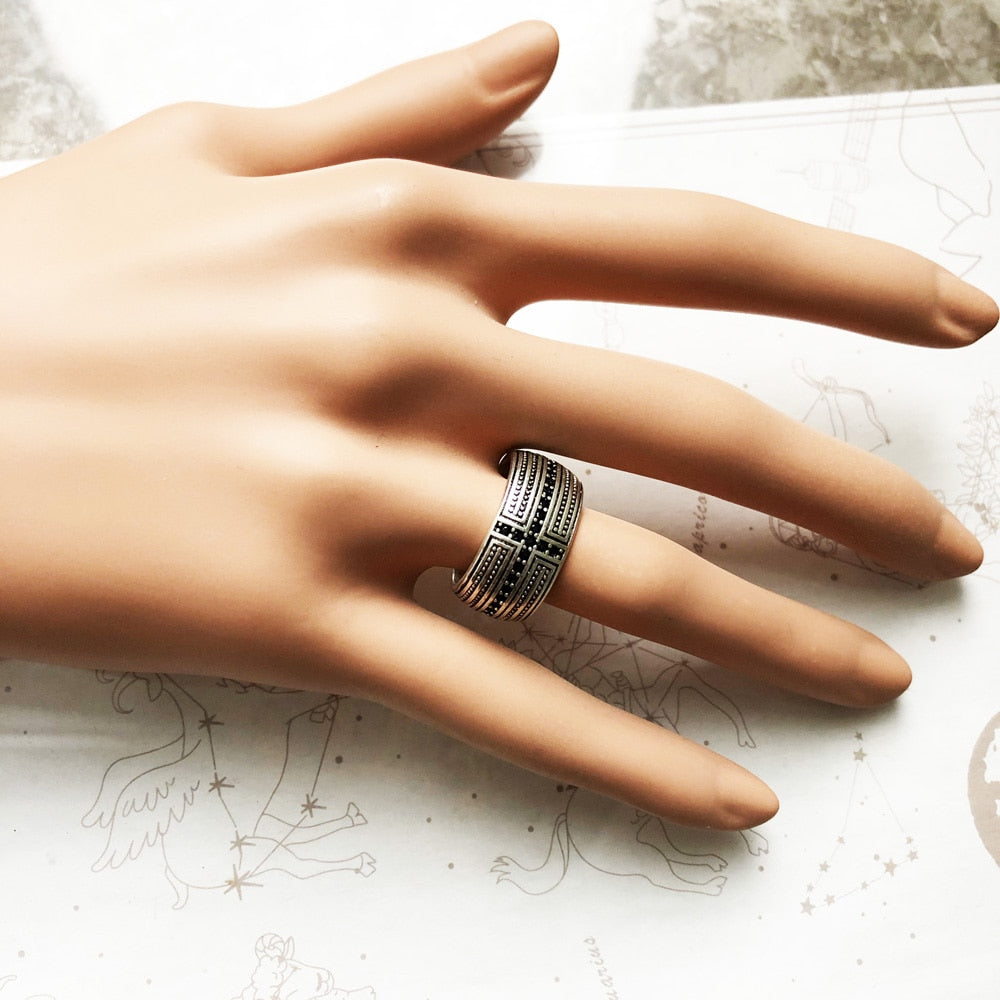 Bague de croix de vie scintillante noir
