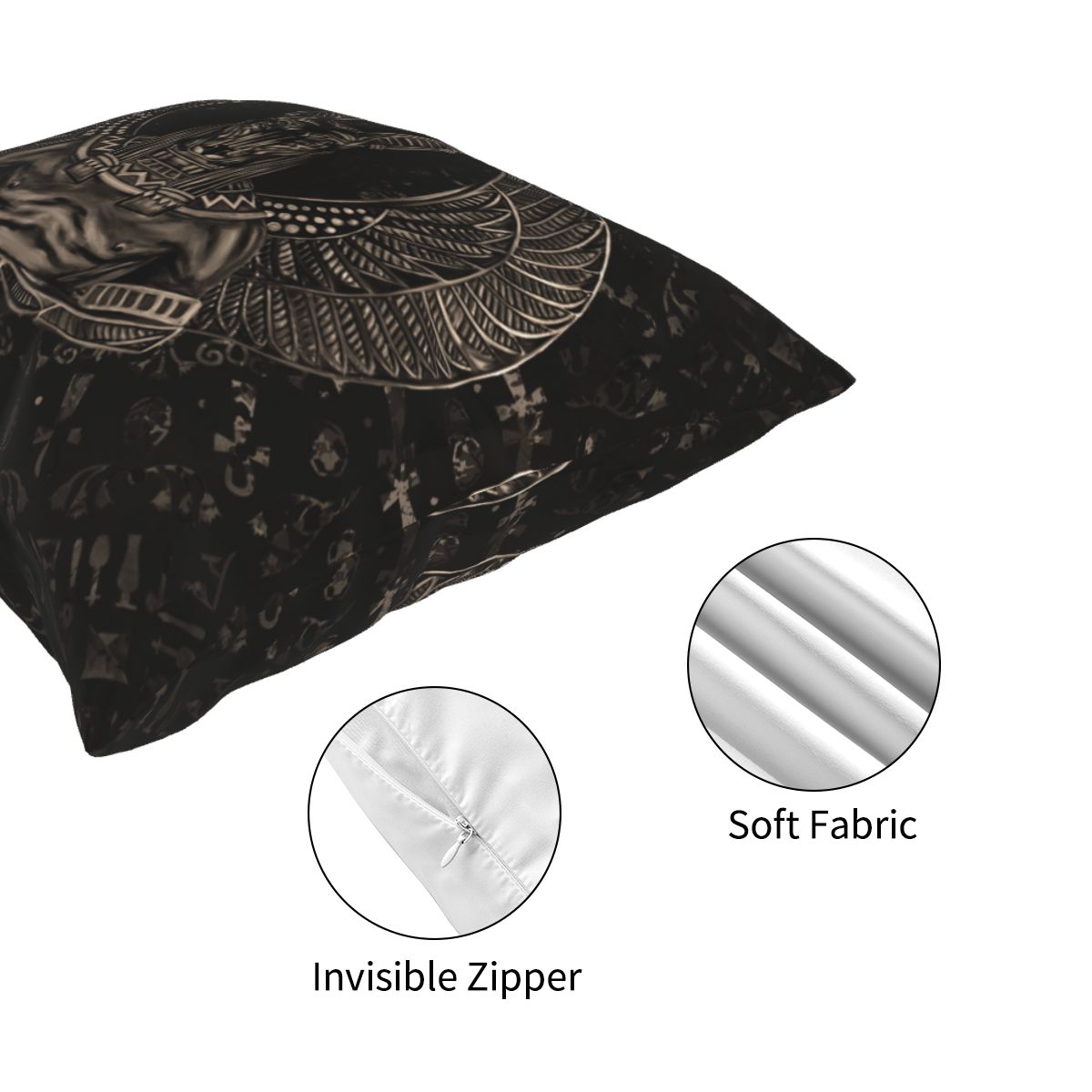 Funda de cojín negra Anubis y sus alas