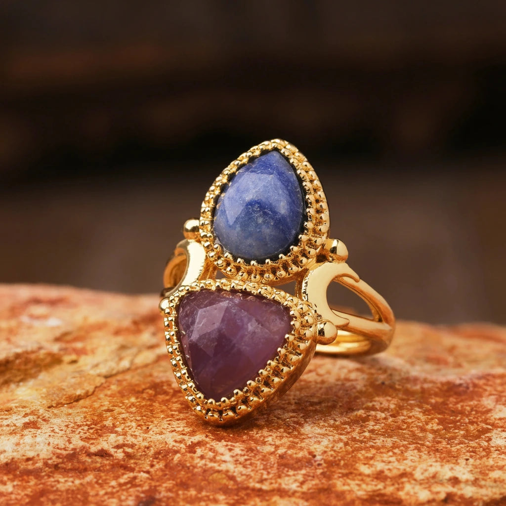Bague égyptienne double-pierre en triangle adjustable