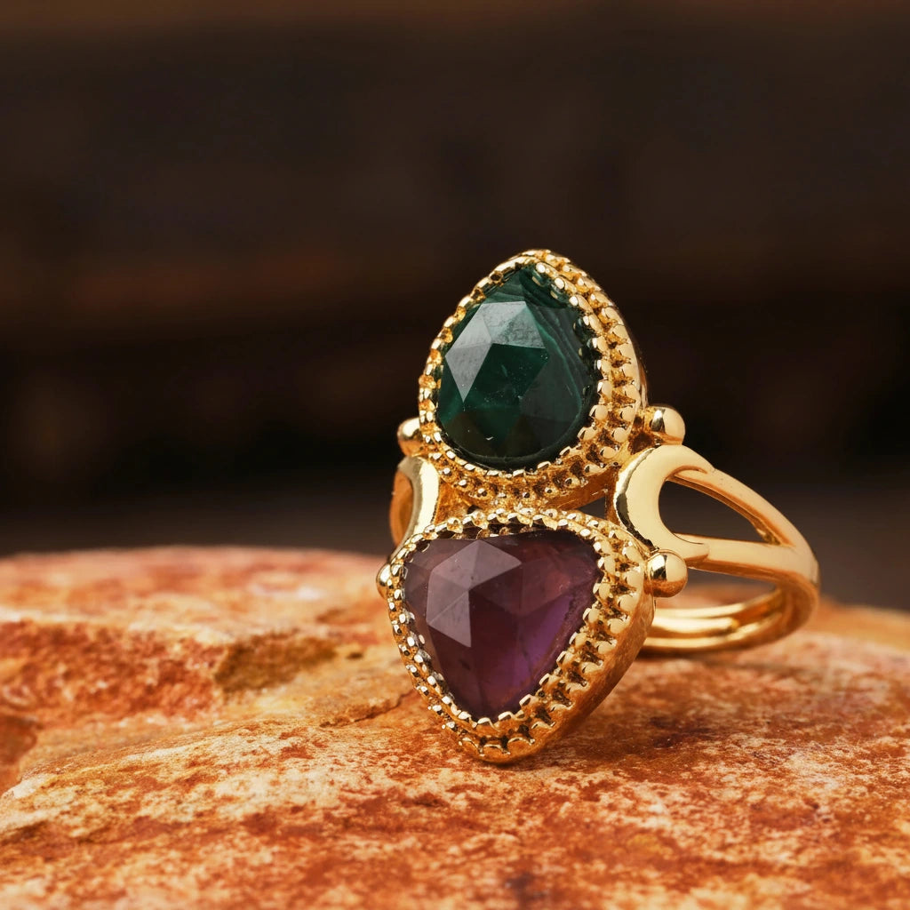 Bague égyptienne double-pierre en triangle adjustable