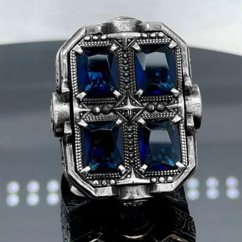 Bague Totem Sculptée aux Pierres Bleues – Héritage