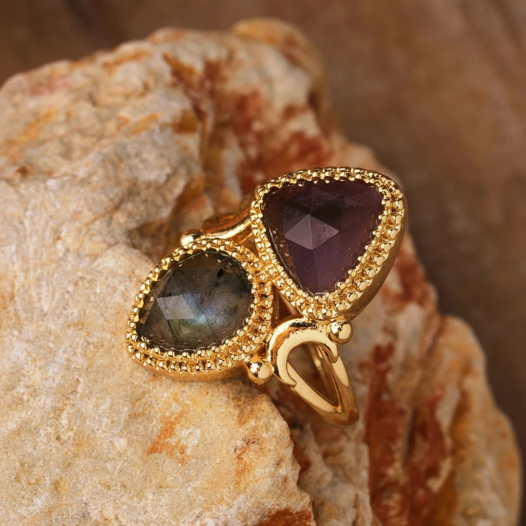 Bague égyptienne double-pierre en triangle adjustable