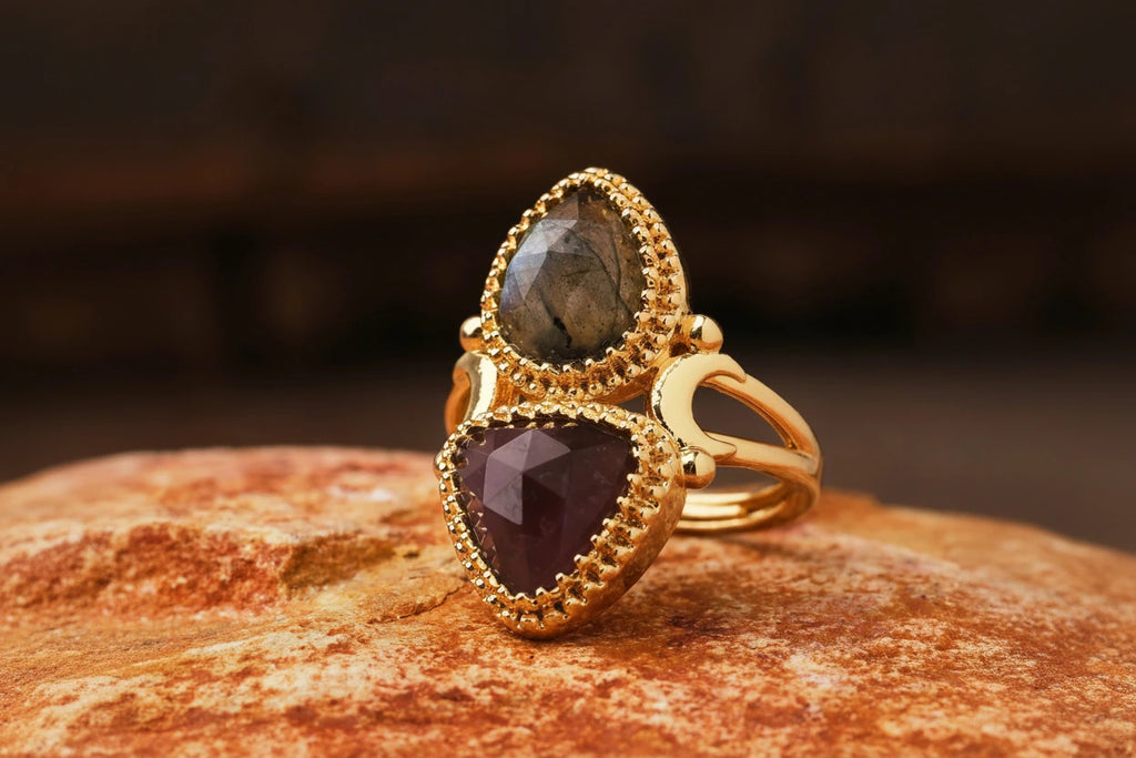 Bague égyptienne double-pierre en triangle adjustable