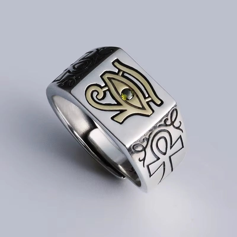 Bague Rétro Égyptienne – Œil d’Horus & Croix Ankh