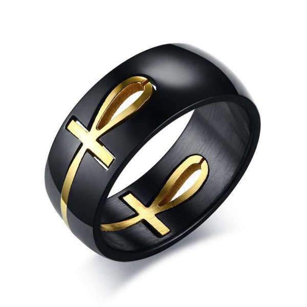 anillo egipcio<br> Ankh dorado (negro)