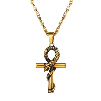 Collier Croix Ankh Serpent Or