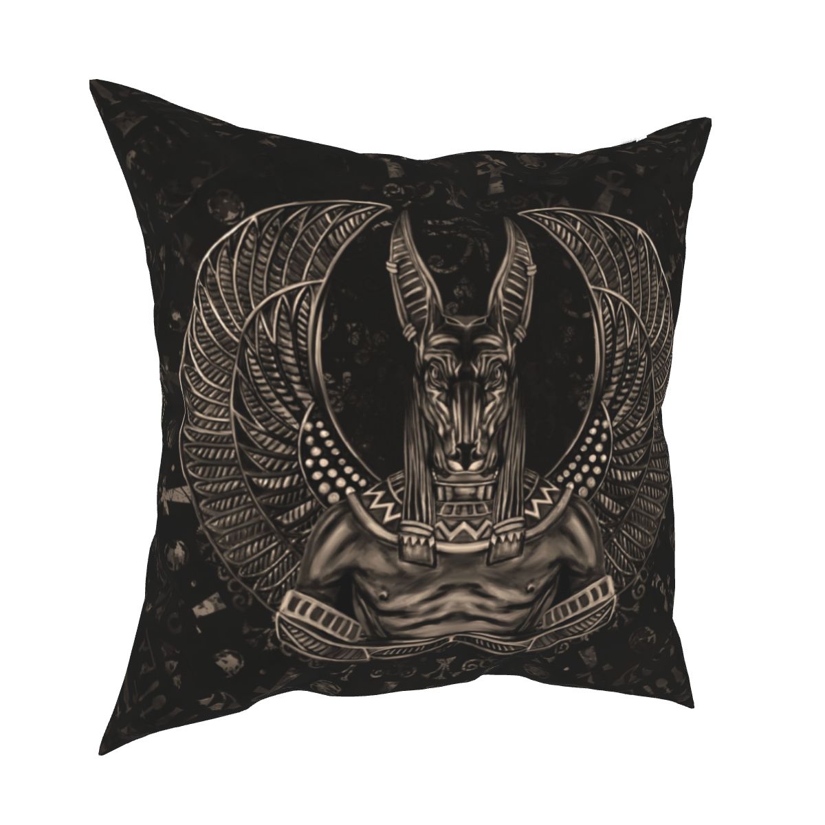 Funda de cojín negra Anubis y sus alas